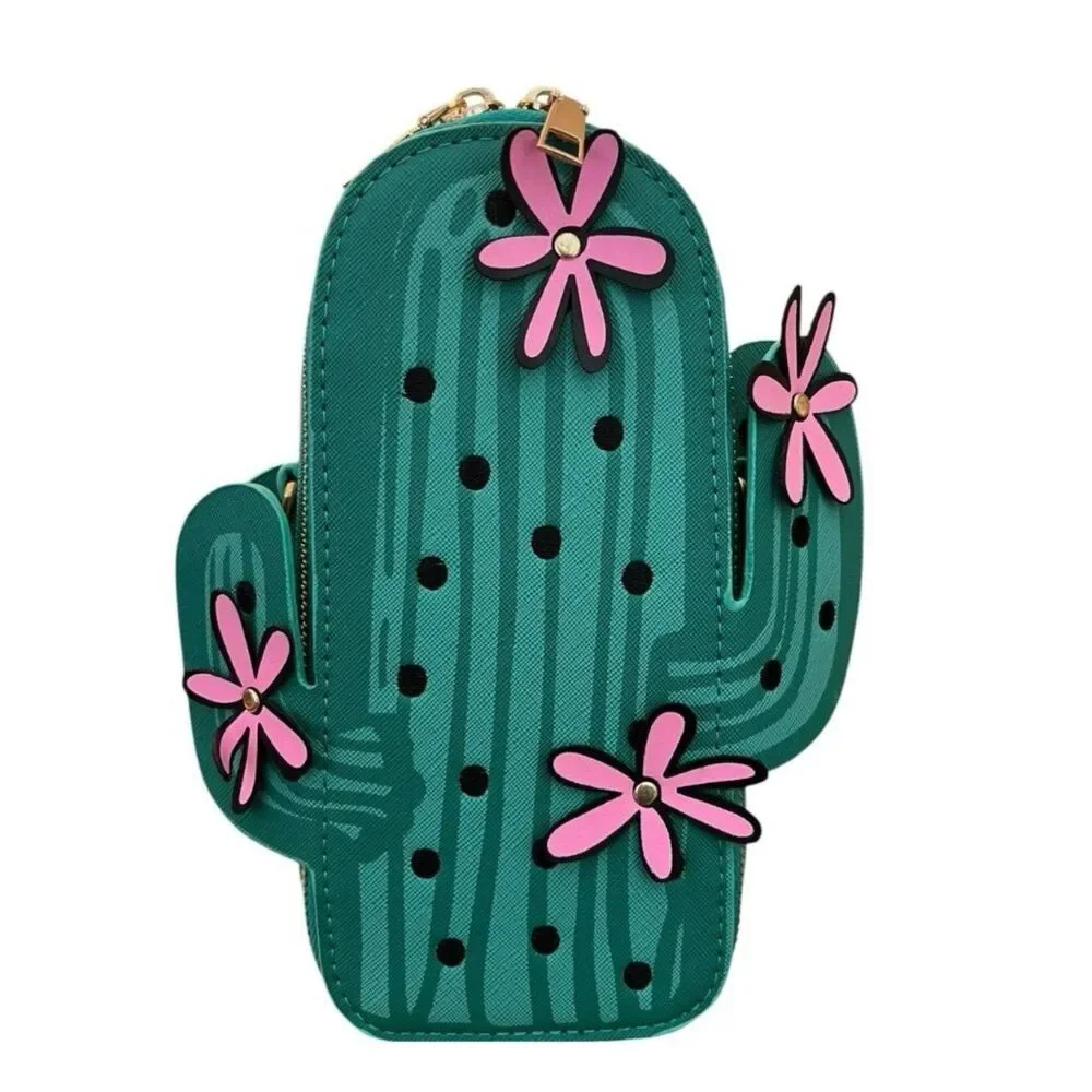 Small Green Figural Saguaro Cactus Shaped Chain Crossbody Bag Flowers New